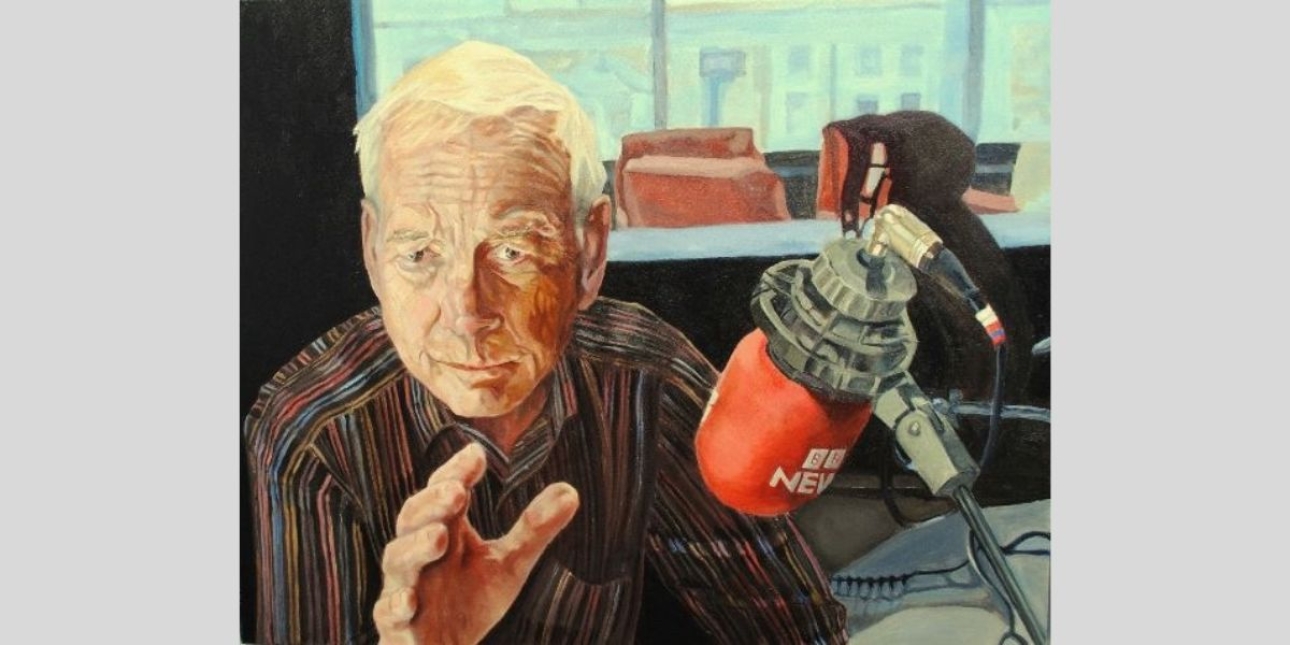 A painting of the broadcaster John Humphrys, a white man with white hair and wearing a brown shirt sat behind a red BBC microphone with a window behind him
